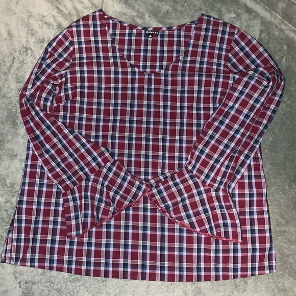 Hannah Tops - Hannah Red and Blue Plaid Boxy Blouse with Bell Sleeves